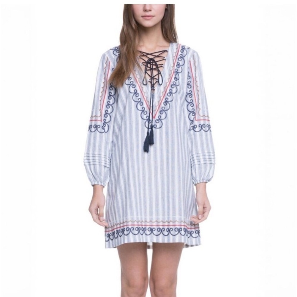 English Factory Embroidered Stripe Cotton Mini Dress  Size M Blue White